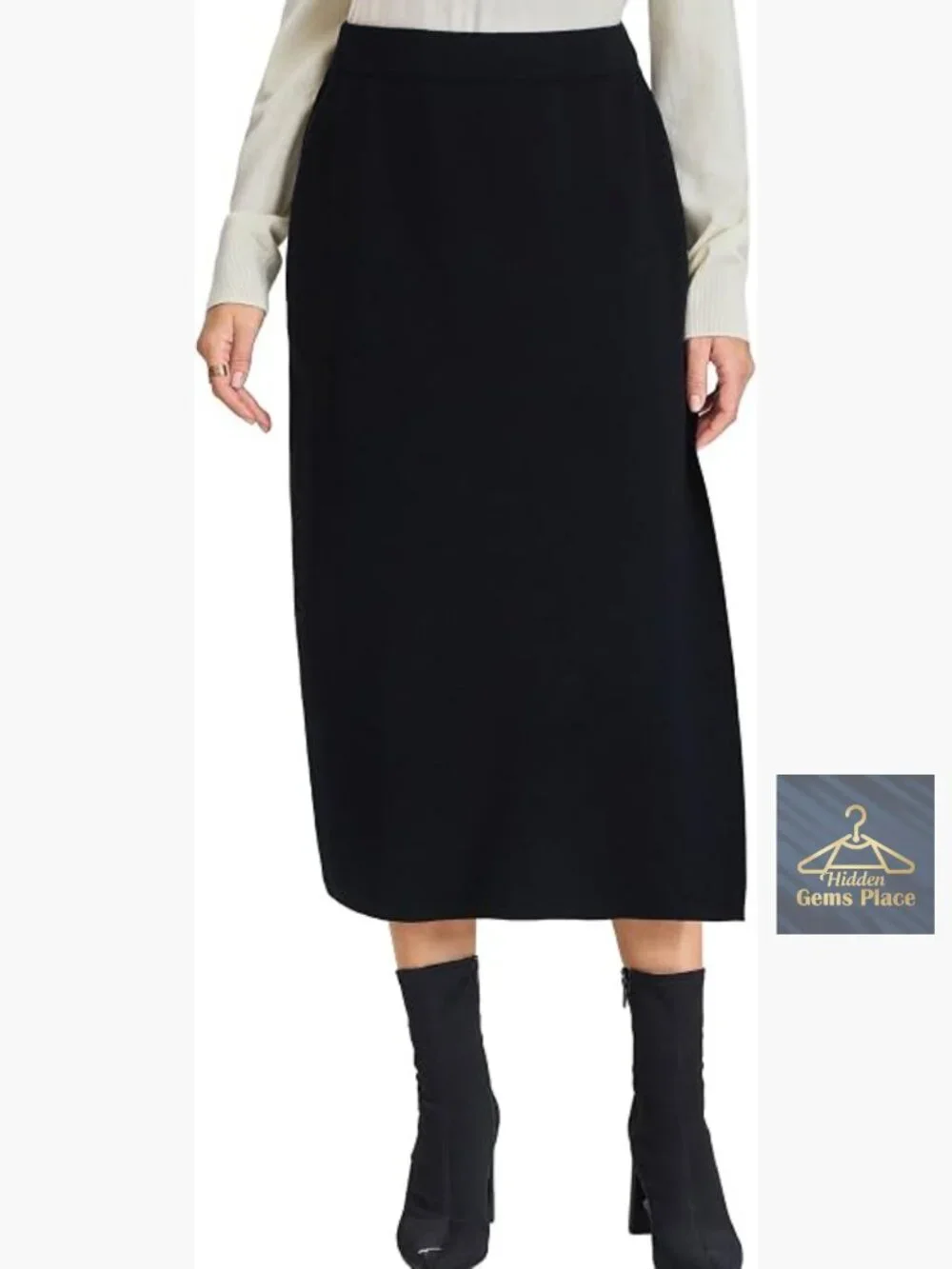 High Waist Midi Wool Knit Skirt with Slit Machine Washable